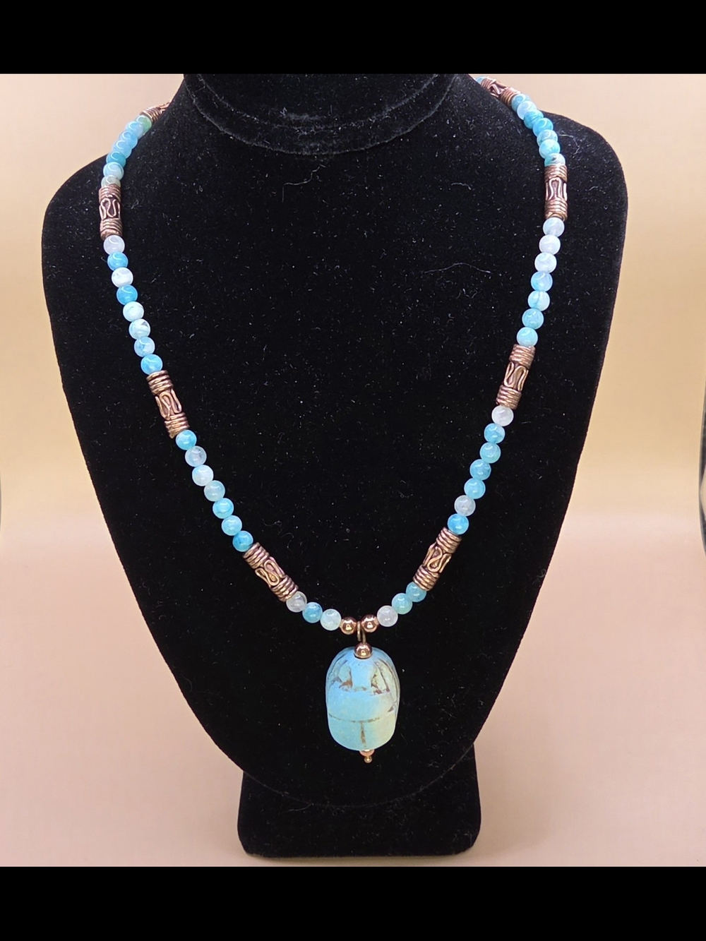 Hemimorphite And Copper Beaded Necklace With Sandstone Scarab Pendant